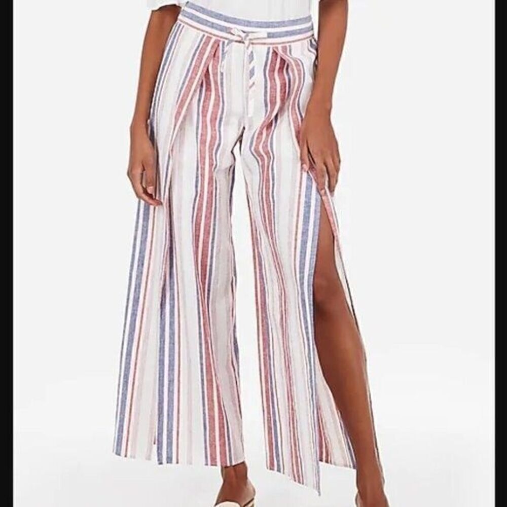 Express High Waisted Striped Linen Blend Split Leg Lined Pant Size M Wide Leg U4